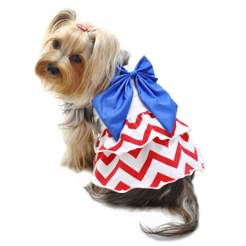 Yorkie wearing Patriotic Red/White/Blue Large Bow Sundress