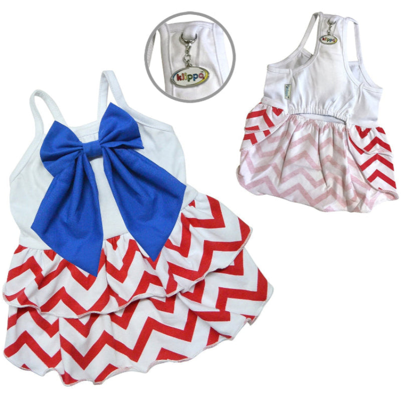 Yorkie wearing Patriotic Red/White/Blue Large Bow Sundress