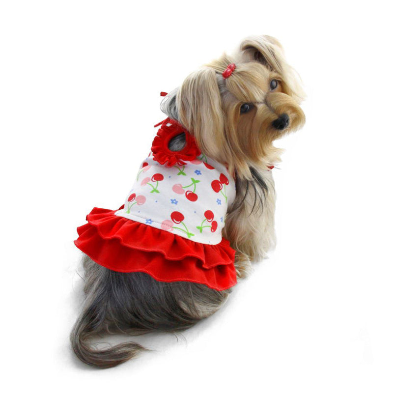 Yorkie wearing Soft Knit Cotton Cherries Dog Dress w/Shoulder Ties