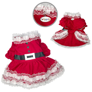 Red Christmas dog dressdress with white lace details and a black Santa belt