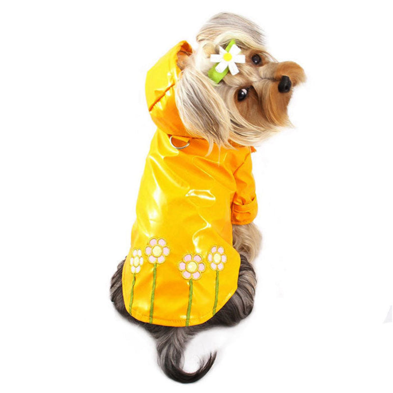Yorkie in Yellow dog raincoat with daisy flower pattern