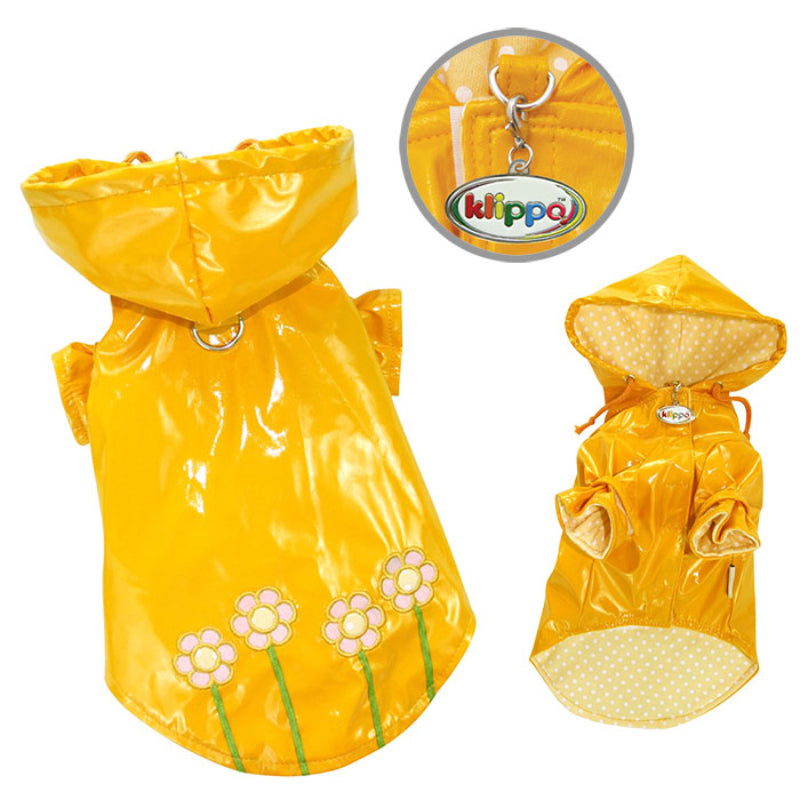 Yorkie in Yellow dog raincoat with daisy flower pattern