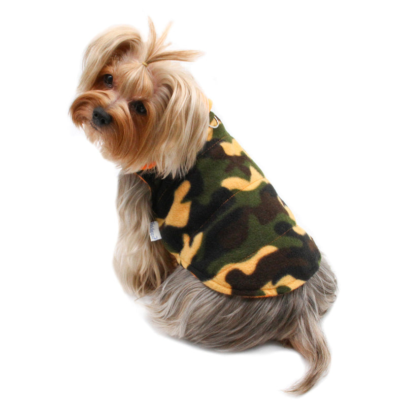 Yorkie wearing a camouflage dog fleece by Klippo