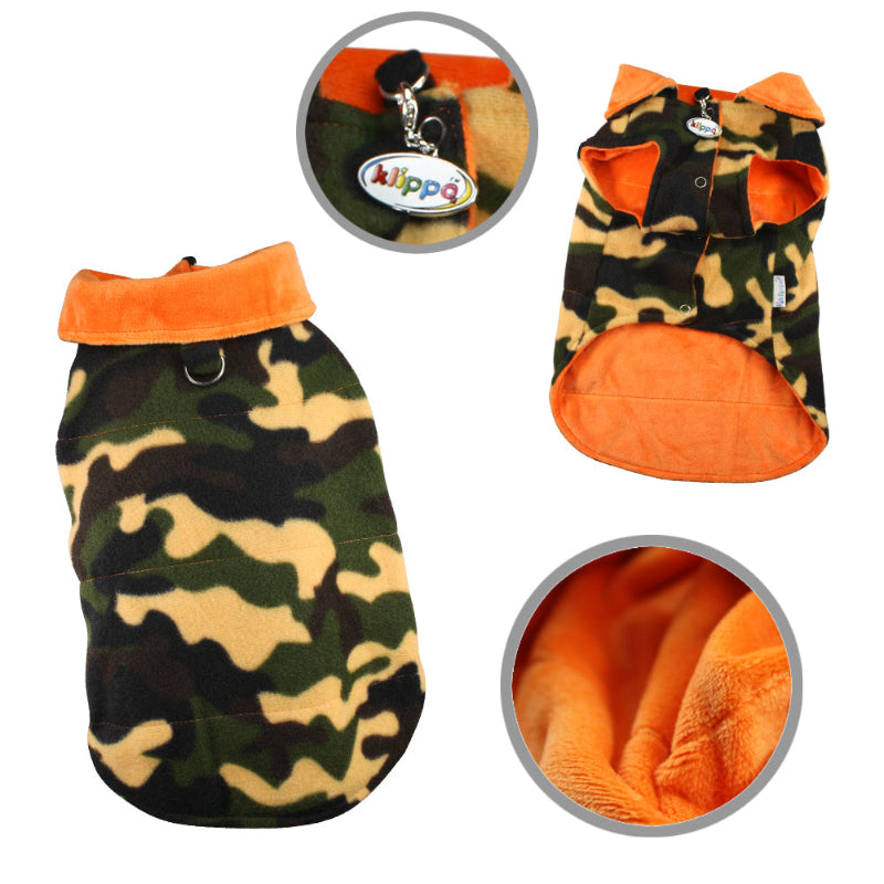 Yorkie wearing a camouflage dog fleece by Klippo