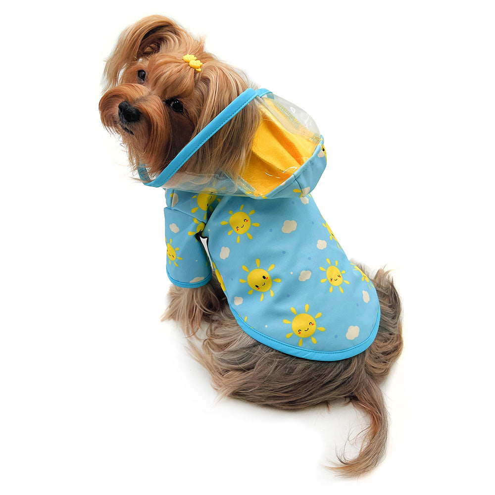 Clear View Happy Sunshine Dog Raincoat with Fleece Lining and Detachable Hood