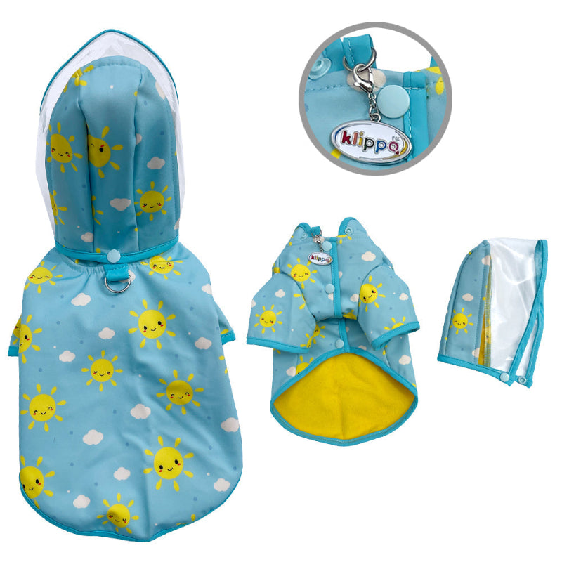Clear View Happy Sunshine Dog Raincoat with Fleece Lining and Detachable Hood