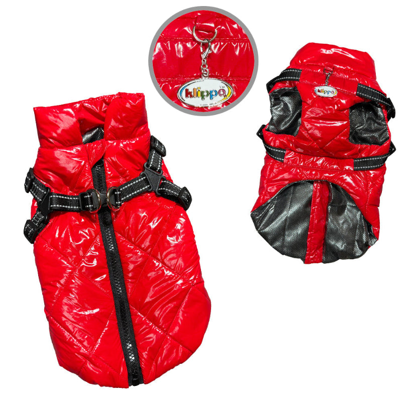 Maltese in Red Water Resistant Puffy Vest with Built-In Harness 