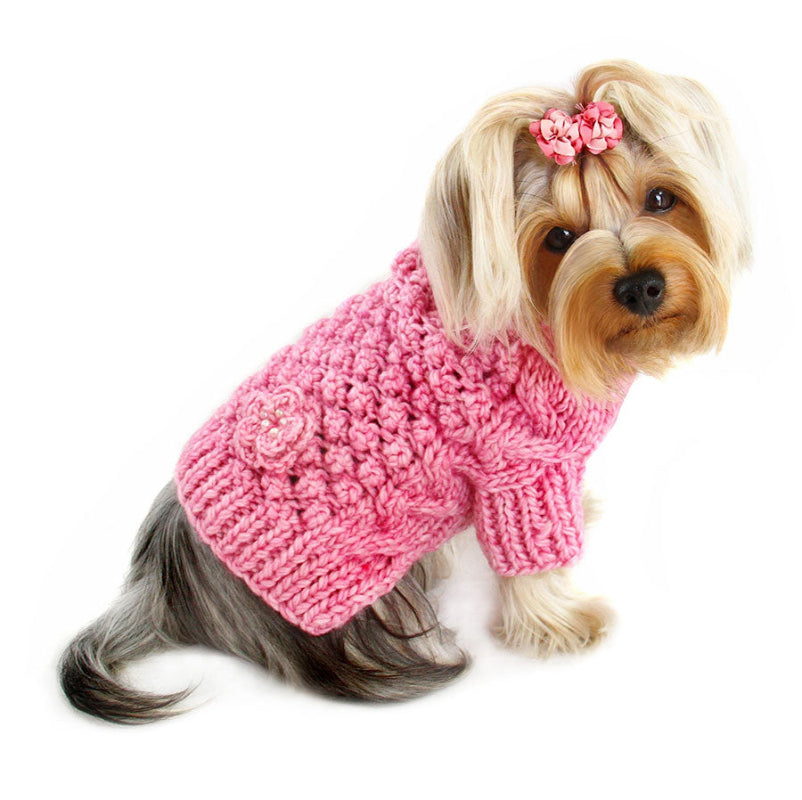 Yorkie in Pink Bobble Stitch Turtleneck Hand Knitted Dog Sweater