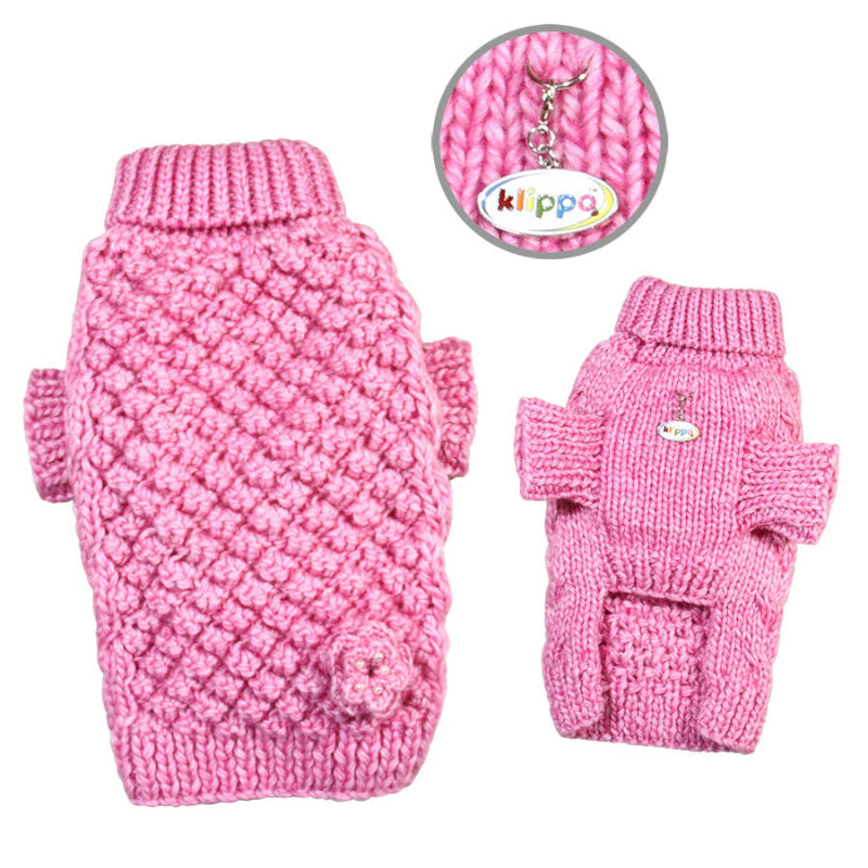 Yorkie in Pink Bobble Stitch Turtleneck Hand Knitted Dog Sweater