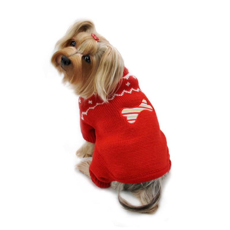 Yorkie wearing red Candy Cane Bone Holiday Sweater Bodysuit