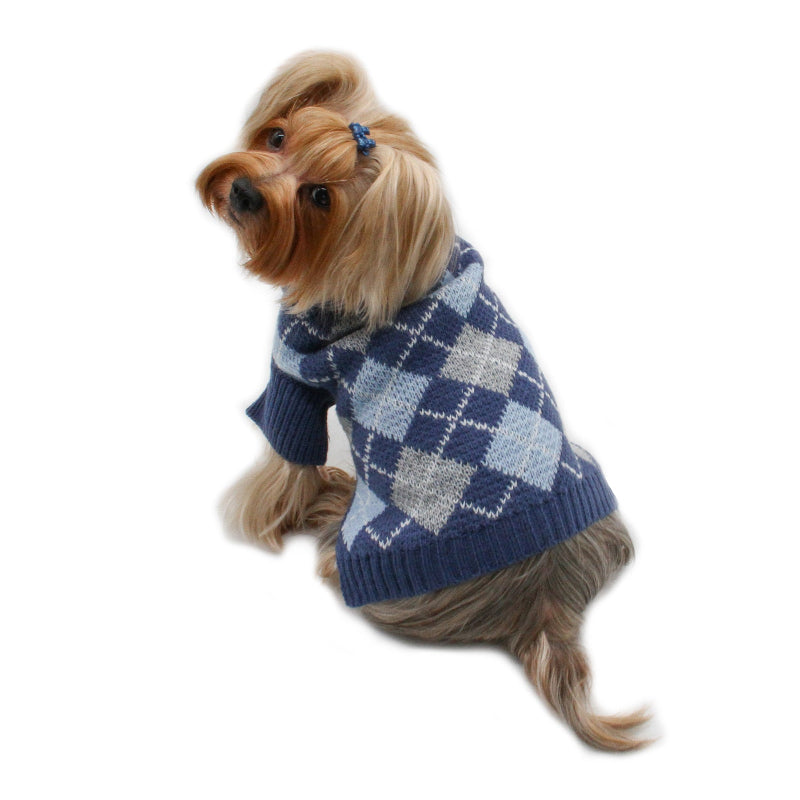 Yorkie in Argyle Turtleneck Dog Sweater in Navy/Grey/Light Blue