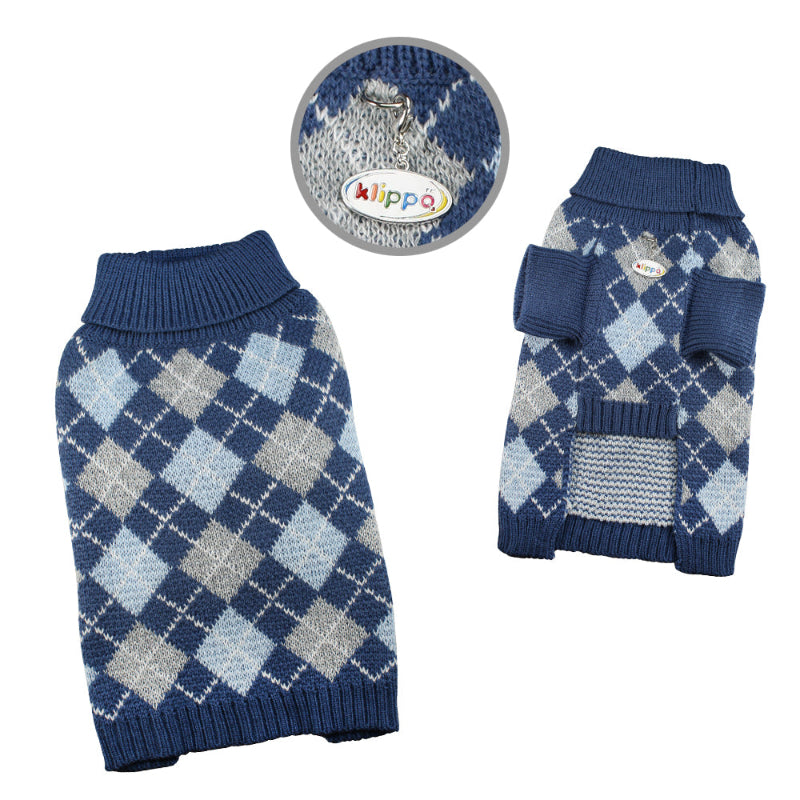 Yorkie in Argyle Turtleneck Dog Sweater in Navy/Grey/Light Blue