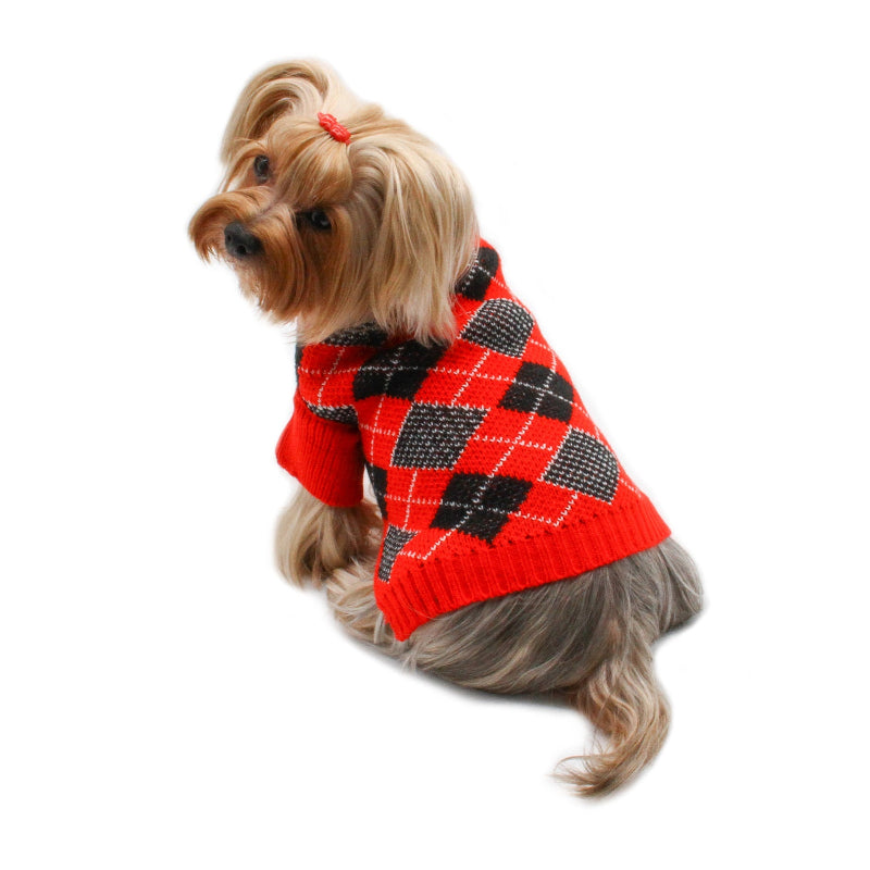 Yorkie wearing Argyle Turtleneck Dog Sweater in Red/Black/White