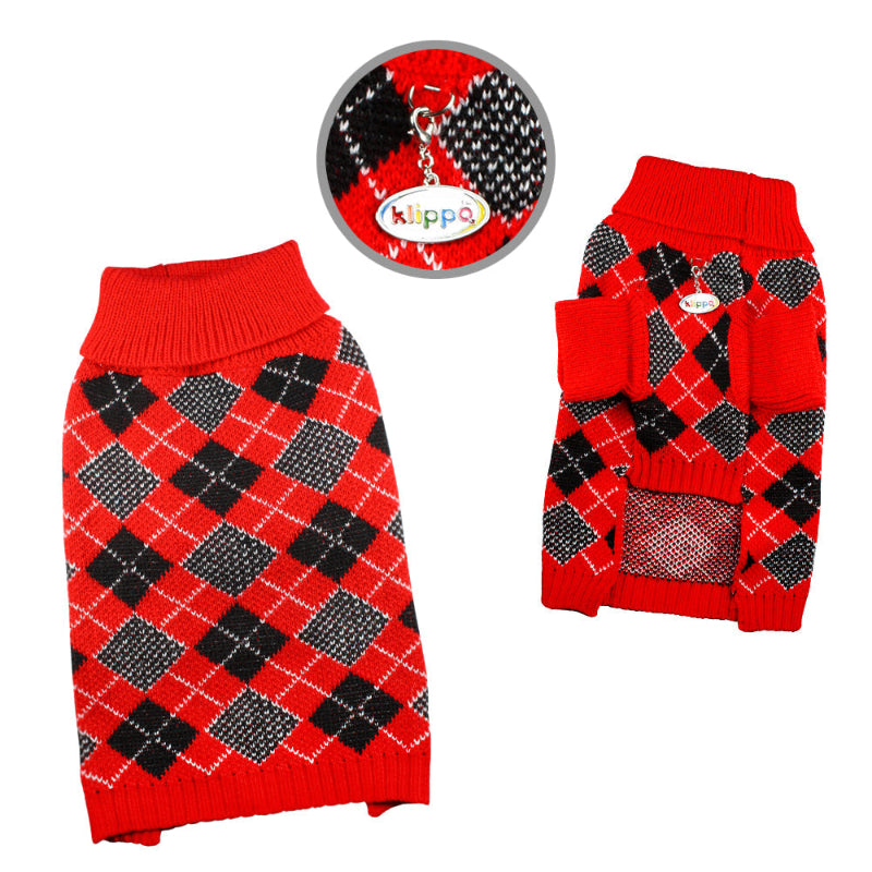 Yorkie wearing Argyle Turtleneck Dog Sweater in Red/Black/White