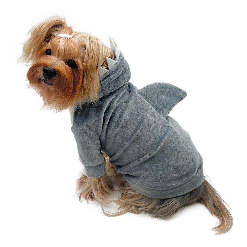 Yorkie wearing shark fleece costume