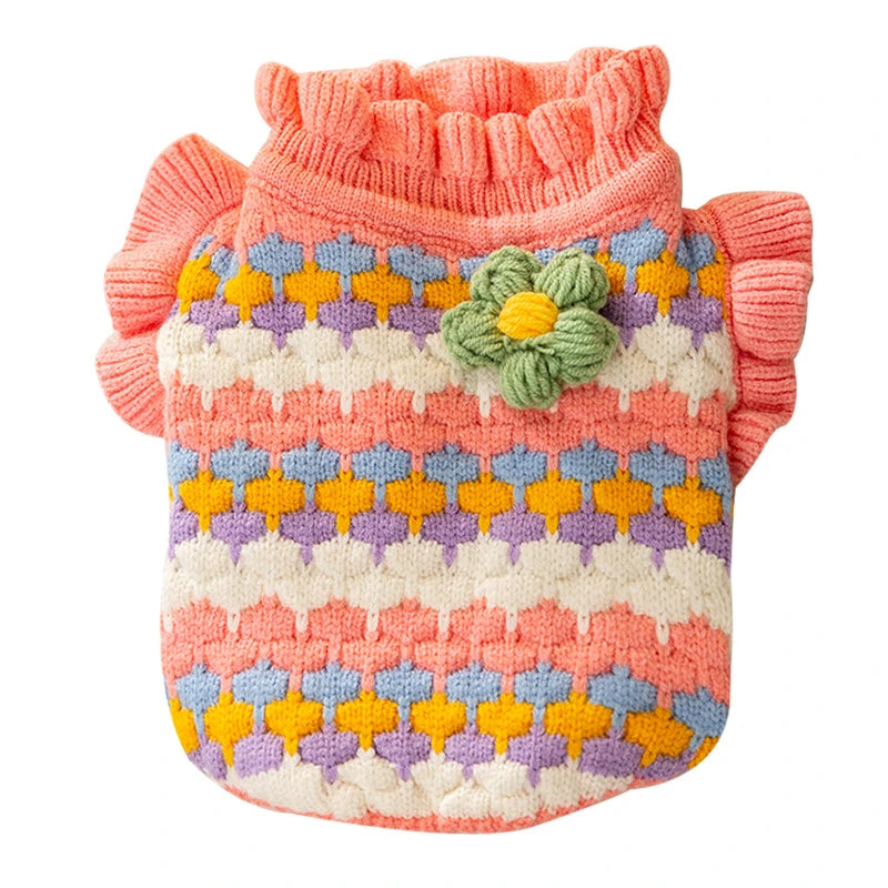 Knitted Flower Dog Sweater features rows of pastels.