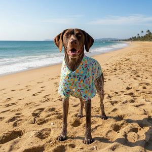 German Shorthaired Pointer on beach wearing colorful Hawaiian shirt in blue with beach-themed pattern