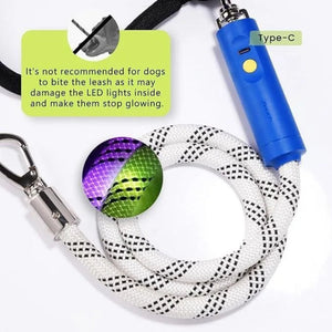 A coiled white rope dog leash with black woven pattern, a blue cylindrical LED light transmitter, and a silver hook clasp, shown on a white background with informational text and inset graphics.