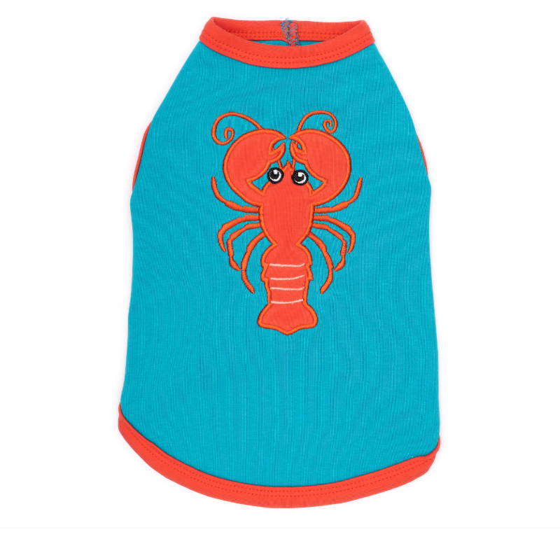 Blue pet shirt with a red lobster design on a white background