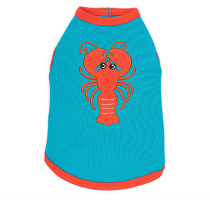 Blue pet shirt with a red lobster design on a white background