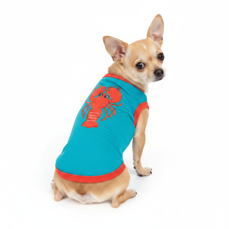 Blue pet shirt with a red lobster design on a white background