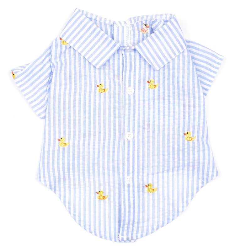 Blue and white striped shirt with yellow duck patterns on a white background