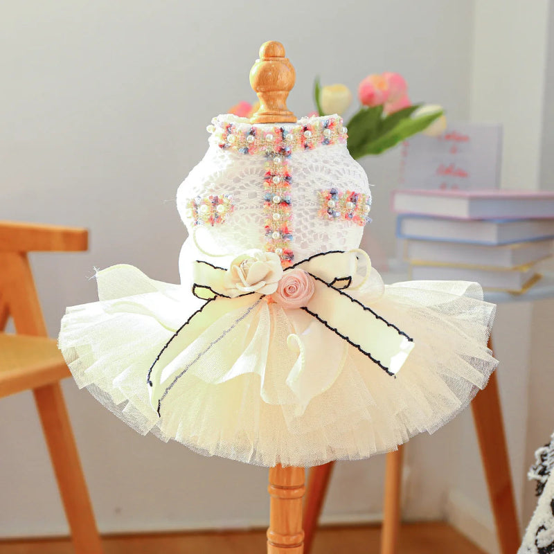 Luxury Lace & Pearl Dog Dress with Tulle Skirt, Bow and Floral Accents
