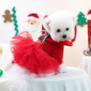 White bichon frise wearing a red Christmas outfit with a tutu skirt in a festive setting.