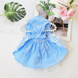 Underside of dress has blue stripes and 3 snap buttons