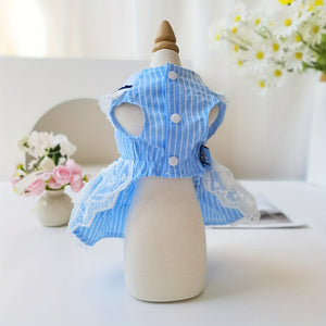 Bue lace dress on a ceramic mangequin with 3 snap buttons on underside on white surface with flowers in the background