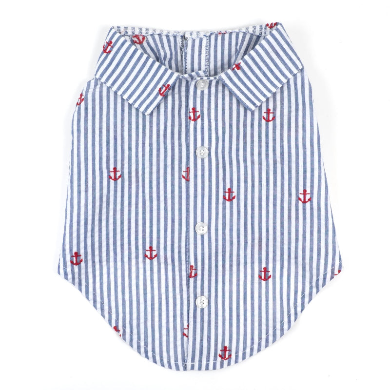 Dog shirt with blue and white striped pattern and red anchor designs on a white background