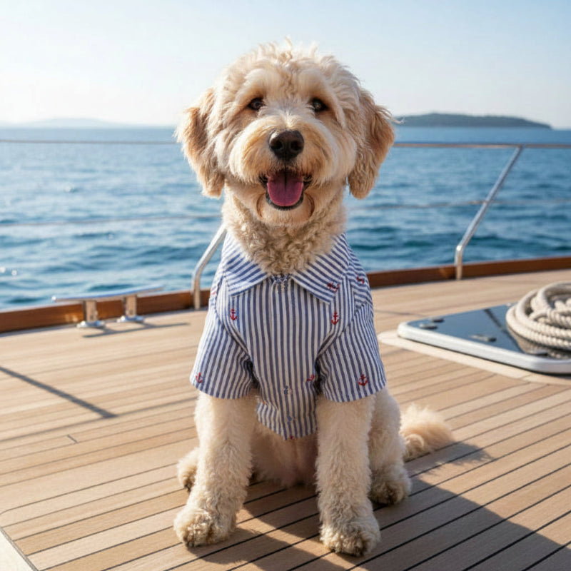 Dog shirt with blue and white striped pattern and red anchor designs on a white background