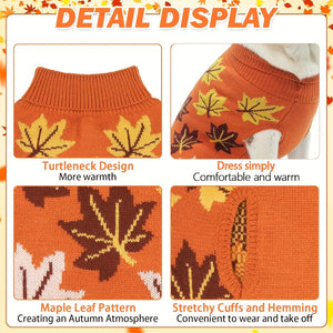 Dog sweater with turtle neck, maple leaf pattern, and stretchy cuffs and hemming on an autumn-themed background.