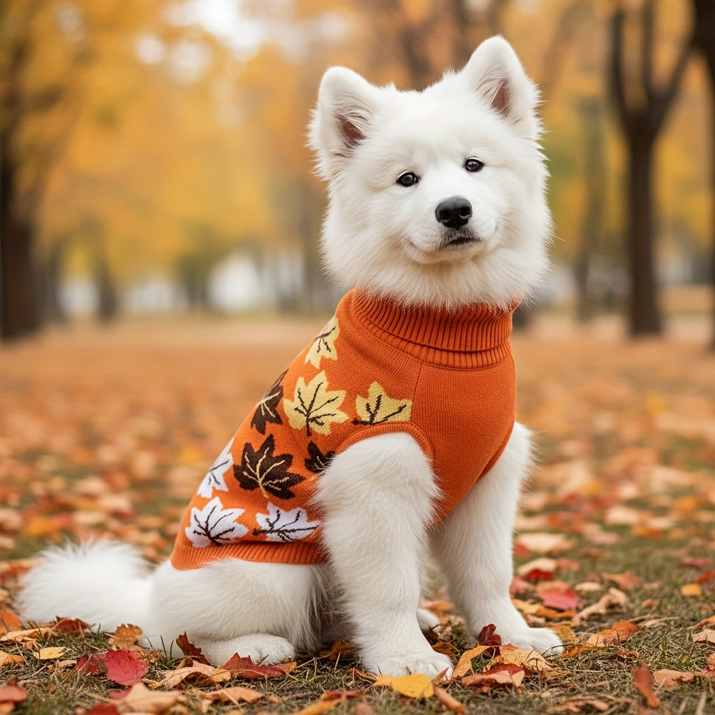 Orange dog sweater with leaf pattern on a white background