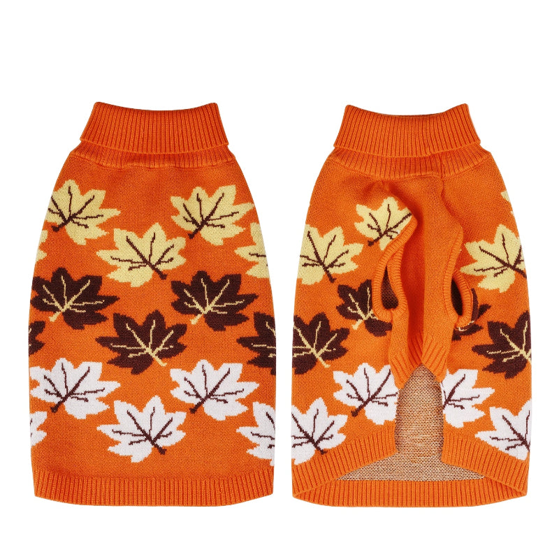 Orange dog sweater with leaf pattern on a white background