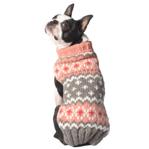 Boston terrier wearing a pink and gray patterned sweater on a white background