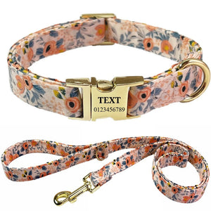 Floral-patterned dog collar can be personalized with name and number