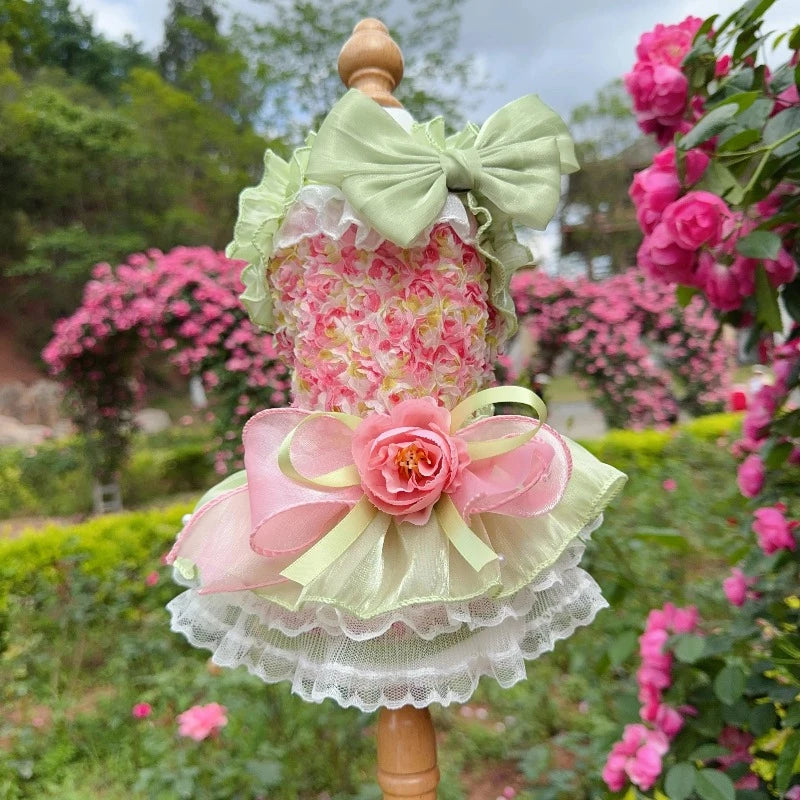 This gorgeous Pink-Green Rose Garden Dog Party Dress has two large bows and roses.