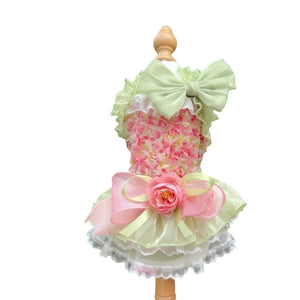 This gorgeous Pink-Green Rose Garden Dog Party Dress has two large bows and roses.