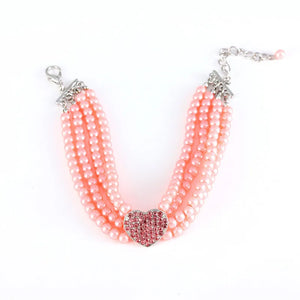 Pink 4-Row Pearls Dog Necklace with Rhinestone Heart Pendant