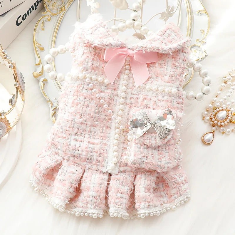 Pink Chanel-Inspired Tweed Dress with Bling Bow Purse