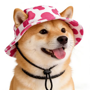 Dog wearing a pink and white cow  pattern hat on a white background
