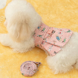 Small dog wearing  Pink Cute Denim Overalls Dog Dress with matching leash