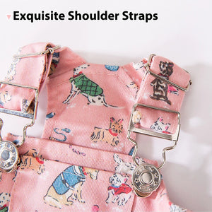 Dog dress ovralls have shoulder straps and silver buckles