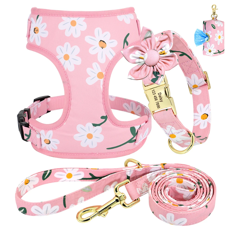 Pink Daisy Dog Collar Harness Leash & Poo Bag Set 