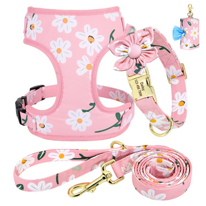 Pink Daisy Dog Collar Harness Leash & Poo Bag Set 