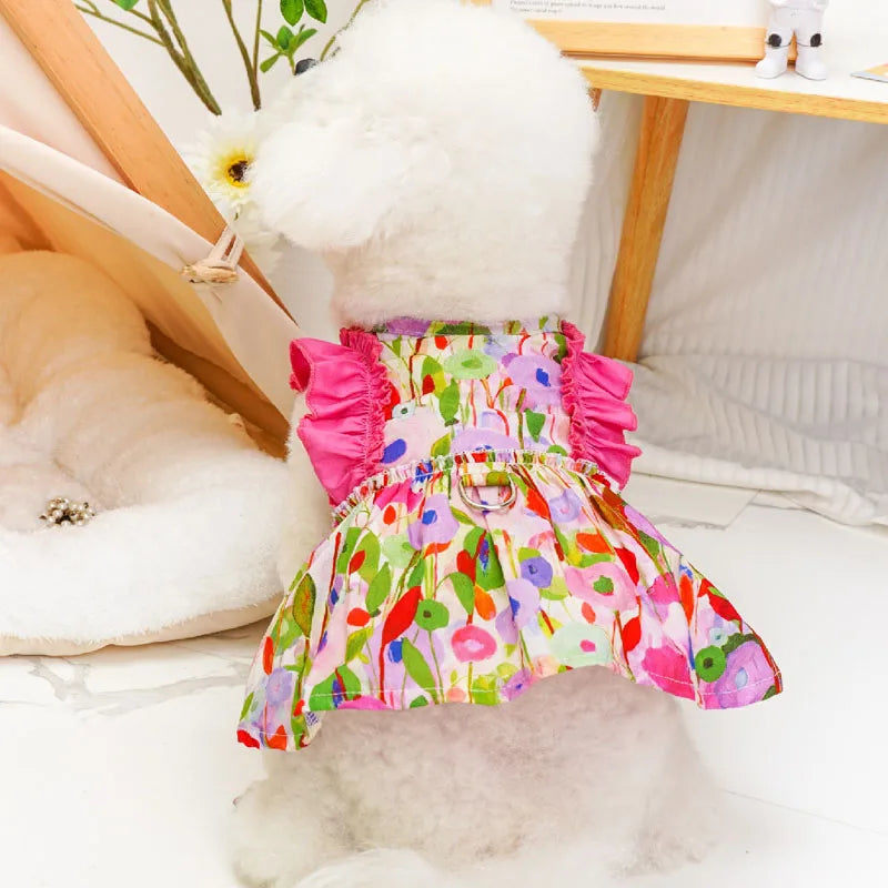 Bichon in Pink Floral Garden Dog Dress