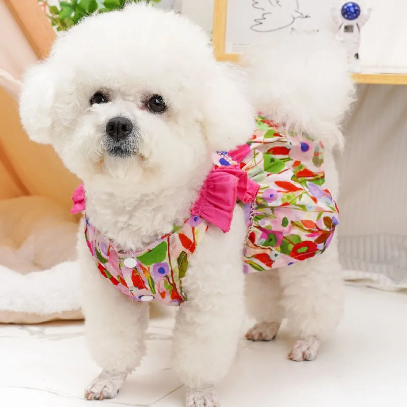 Bichon in Pink Floral Garden Dog Dress