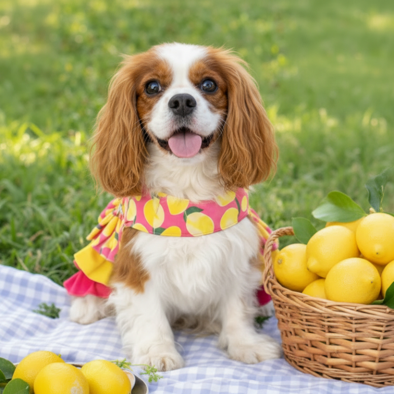 Dog dress with lemon pattern and matching leash on a white background