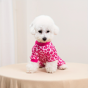 White dog wearing a pink leopard print outfit on a beige surface with a light background
